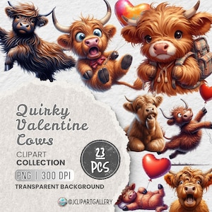 Paquete de 23 imágenes prediseñadas PNG de vacas de las tierras altas divertidas, vacas de las tierras altas extravagantes, gráficos divertidos de animales de granja, imágenes prediseñadas de sublimación de vacas caprichosas, vaca tonta
