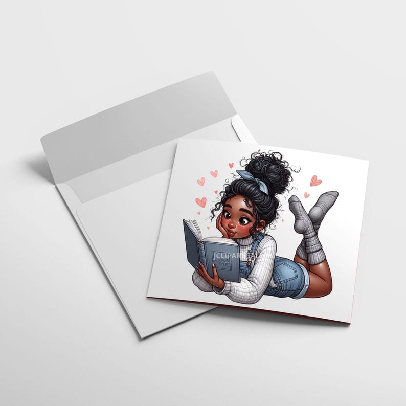Black Girl Reading Clipart Bundle, Cozy Book Lover for Journaling, Quirky Black Girl Clipart, Afro Girl Clipart, Scrapbooking, Sublimation image 6