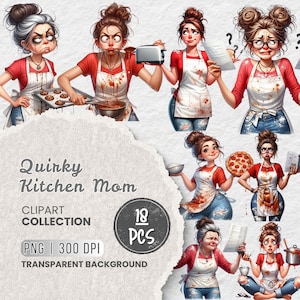 May include: A digital clipart collection titled "Quirky Kitchen Mom" featuring illustrations of women in the kitchen. The images show women with various expressions, wearing red shirts, aprons, and jeans. The collection includes 18 PNG images with a transparent background.