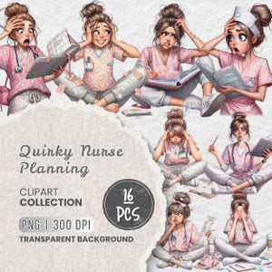 Puede incluir: Una colección de imágenes prediseñadas titulada "Quirky Nurse Planning" con 16 imágenes PNG con fondo transparente. Las ilustraciones muestran enfermeras con uniformes rosas en varias poses estresadas, sentadas en el suelo. Las imágenes incluyen estetoscopios y gráficos médicos.