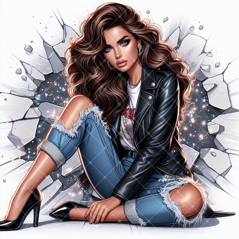 May include: A woman with long brown hair is wearing a black leather jacket, blue jeans with rips, and black high heels. She is sitting with her legs crossed and her arms resting on her knees. The background is a broken wall with a sparkly effect.