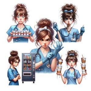 K&ouml;nnte beinhalten: Vier Illustrationen einer weiblichen Krankenschwesterfigur mit verschiedenen Gesichtsausdr&uuml;cken und Accessoires. Die erste Krankenschwester h&auml;lt ein Tablett mit Pillen. Die zweite Krankenschwester zieht blaue Handschuhe an. Die dritte Krankenschwester h&auml;lt ein Stethoskop und eine Krankenakte. Die vierte Krankenschwester h&auml;lt einen Stapel Kaffeetassen.