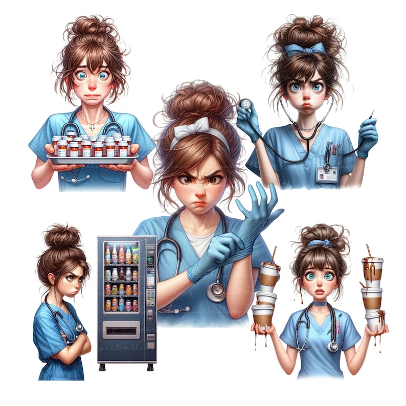 K&ouml;nnte beinhalten: Vier Illustrationen einer weiblichen Krankenschwesterfigur mit verschiedenen Gesichtsausdr&uuml;cken und Accessoires. Die erste Krankenschwester h&auml;lt ein Tablett mit Pillen. Die zweite Krankenschwester zieht blaue Handschuhe an. Die dritte Krankenschwester h&auml;lt ein Stethoskop und eine Krankenakte. Die vierte Krankenschwester h&auml;lt einen Stapel Kaffeetassen.