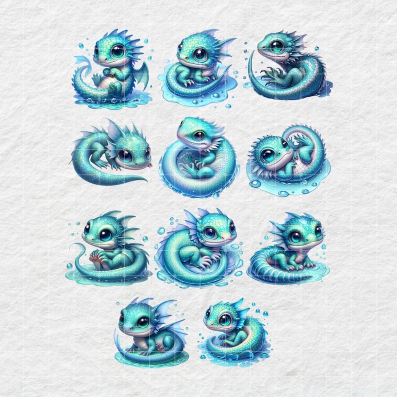 Adorable Baby Water Dragon PNG Clipart Bundle, Cute Blue Dragon PNG ...