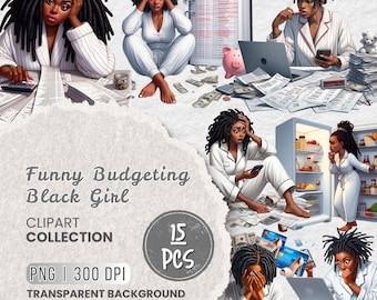 May include: A digital clipart collection of 15 illustrations featuring Black women in various humorous scenarios related to budgeting. The illustrations are in a cartoon style and feature a variety of props, such as money, bills, and credit cards. The text "Funny Budgeting Black Girl" and "Clipart Collection" is displayed at the top of the image. The text "15 PCS" is displayed in a circle at the bottom of the image. The text "PNG | 300 DPI" and "TRANSPARENT BACKGROUND" is displayed at the bottom of the image.