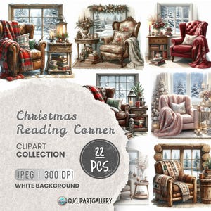 Christmas Reading Corner JPG Clipart Bundle, Christmas Cozy Indoor Clipart, Cozy CottageHouse Clipart, Christmas Junk Journal, Vintage