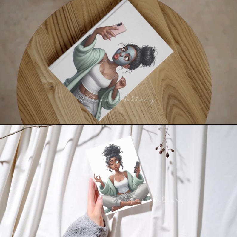 May include: A white journal with an illustration of a person wearing a face mask and taking a selfie. The person is wearing a white tank top, light green robe, and gray pants. The journal is on a wooden surface.
