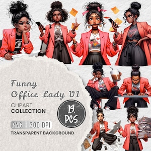 以下が含まれることがあります： 「Funny Office Lady V1」というタイトルのデジタルクリップアートコレクション。画像には、コーラル色のブレザー、黒いスカートまたはパンツ、白いグラフィックTシャツを着た女性の複数のイラストが描かれています。コレクションには、透明な背景の19個のPNG画像が含まれています。