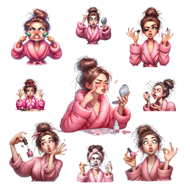 K&ouml;nnte beinhalten: Eine Sammlung von Illustrationen, die eine Frau in einem rosa Morgenmantel zeigen, die verschiedene Sch&ouml;nheits- und Selbstpflege-Routinen durchf&uuml;hrt, darunter das Auftragen von Make-up, die Verwendung einer Gesichtsmaske und das Lackieren ihrer N&auml;gel.