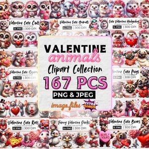 Valentine animal clipart mega bundle png, Cute valentine’s day animal for Sublimation & Crafts, Love-Themed Cow, Dog, Owl, Squirrel and more