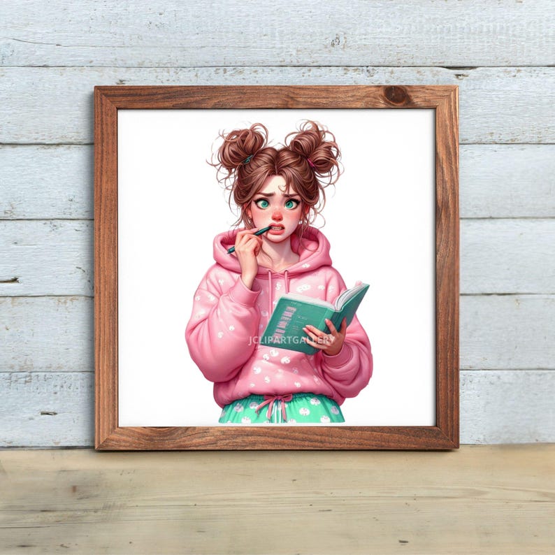 May include: A framed print featuring a cartoon illustration of a person with brown hair in space buns, wearing a pink hoodie with white polka dots, and holding a pen and a teal notebook. The person is looking at the notebook with a thoughtful expression. The print is in a brown wooden frame.