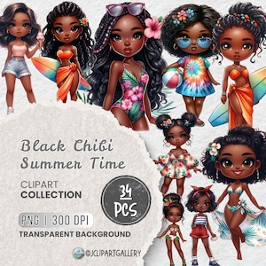 Summer Black Girls PNG, Beach Girls Cliparts, African American Girl Graphics, Beach Stickers, Cute Seasonal Outfits, Chibi Doll Cliparts