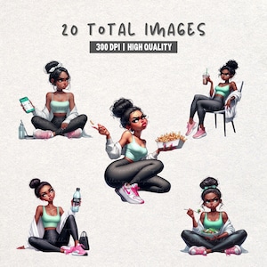 May include: Digital art featuring five illustrations of a woman in activewear. The woman is depicted in various poses, holding items like a phone, fries, and water bottle. The text "20 TOTAL IMAGES" and "300 DPI | HIGH QUALITY" is displayed at the top.