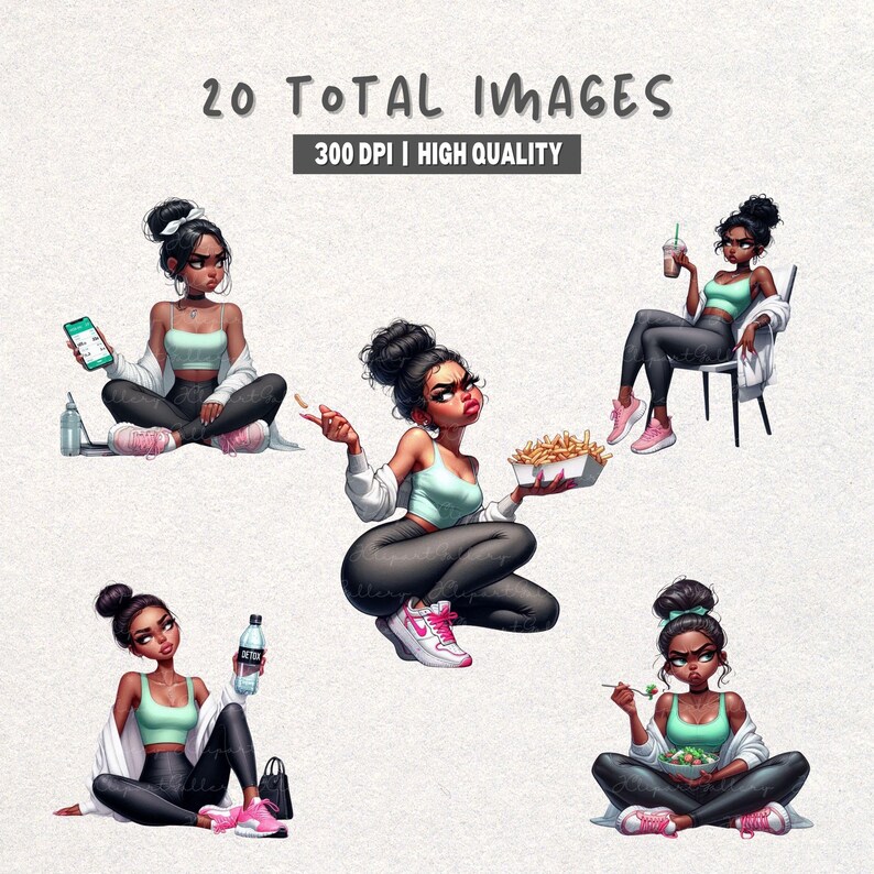 May include: Digital art featuring five illustrations of a woman in activewear. The woman is depicted in various poses, holding items like a phone, fries, and water bottle. The text "20 TOTAL IMAGES" and "300 DPI | HIGH QUALITY" is displayed at the top.