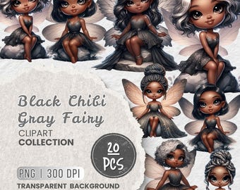 Black Fairy PNG Clipart Bundle, Chibi Fairies (Digital Download)