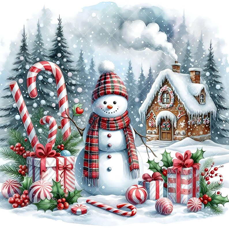 May include: Watercolor illustration of a winter scene with a snowman wearing a plaid hat and scarf, surrounded by candy canes, wrapped gifts, and a gingerbread house. The color palette includes red, white, and green, evoking a festive holiday theme.