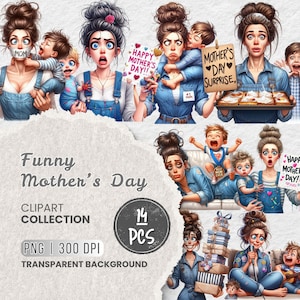 Funny Mother’s Day Mom Clipart, Exhausted Mom & Kids, Funny Family Clipart, Mom Life, Quirky Mom and Child, Motherhood Clipart, Sublimation