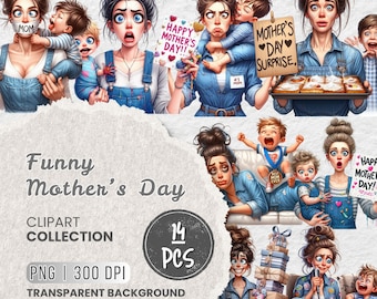 Funny Mother’s Day Mom Clipart, Exhausted Mom & Kids, Funny Family Clipart, Mom Life, Quirky Mom and Child, Motherhood Clipart, Sublimation