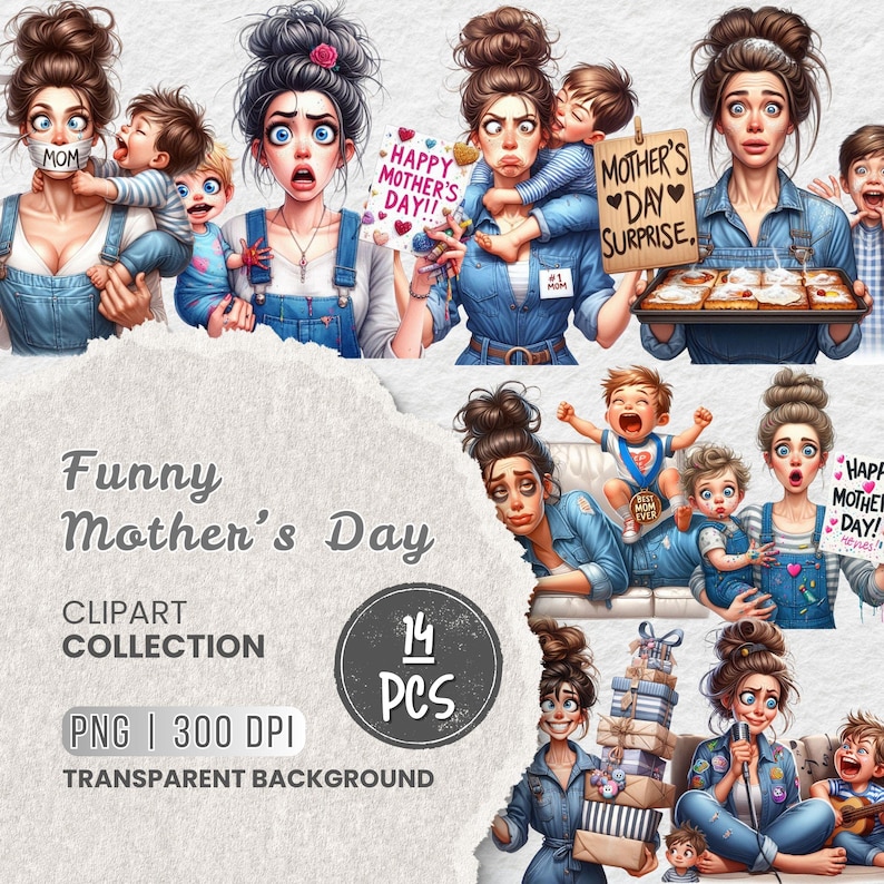 May include: A set of 14 digital clipart images featuring cartoon mothers and children celebrating Mother's Day. The images are in a colorful cartoon style and feature various expressions and poses. The text "Funny Mother's Day" and "14 PCS" are included in the image.