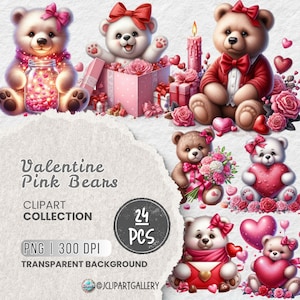 Valentine’s Day Teddy Bear Clipart Bundle PNG, Cute Romantic Bear Illustrations for Sublimation, Stickers, and Crafts, Love-Themed Graphics