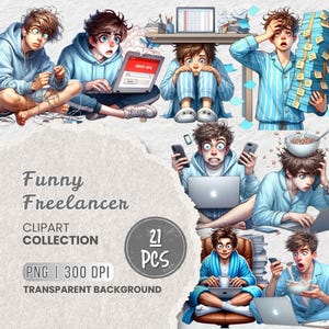 Lustiges Freelancer Clipart Png Bundle, Arbeit von zu Hause Hustle Cartoon Art, lustiger Office Boy, Fernarbeiter Sublimationsgrafiken, Scrapbooking
