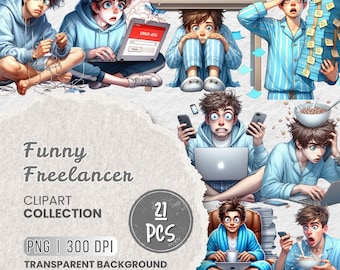 Funny Freelancer Clipart Png Bundle, Work from Home Hustle Cartoon Art, Funny Office Boy, Remote Worker Sublimation Graphics, Scrapbooking