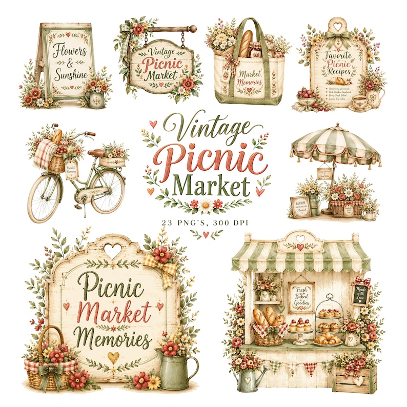 Vintage Picnic Clipart Bundle | Spring Garden Market | Rustic Floral ...