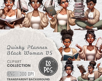 May include: A digital clipart collection featuring illustrations of a person with dark skin and a high bun hairstyle, wearing a white top and beige cardigan, shown in various poses with planners, books, and pens, labeled Quirky Planner Black Woman V5.