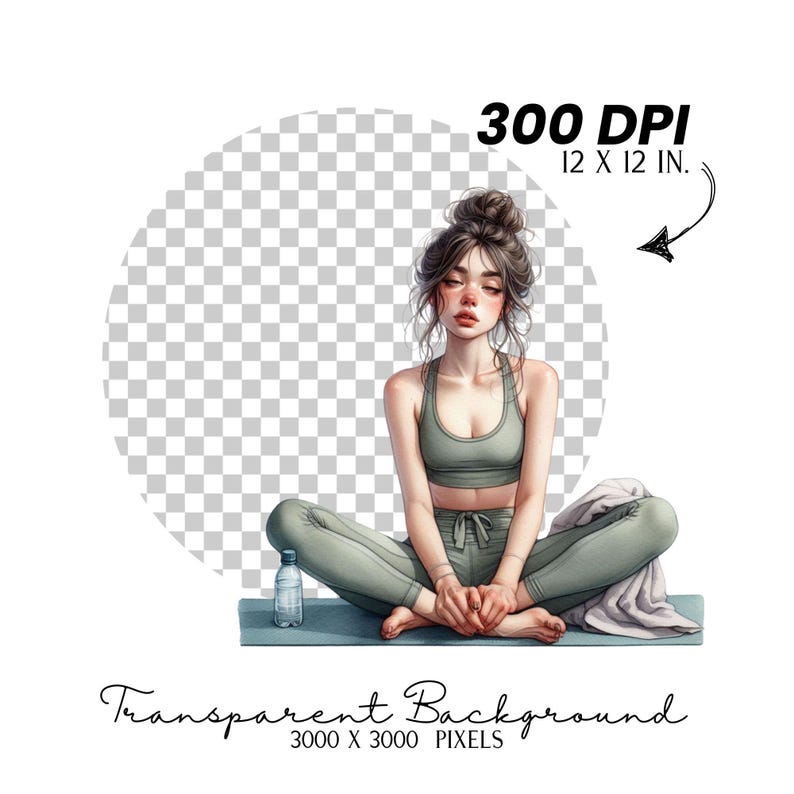 May include: A woman sits cross-legged on a yoga mat with a water bottle beside her. She is wearing a green sports bra and matching pants. The background is transparent.