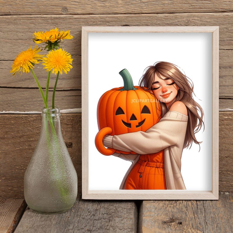 Pumpkin Spice Lover Girl Clipart PNG Bundle, Fall Coffee Girl PNG, Autumn Latte Clipart, Cozy Halloween Girl Sublimation Design image 3