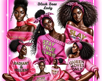 17 Black Boss Lady Bundle Png, Black Girl Boss Clipart, Black Woman Clipart, Black Boss Lady, Black Afro Lady PNG, Girl Boss Bundle PNG