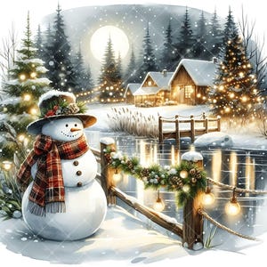 May include: Watercolor illustration of a winter scene with a snowman wearing a hat and scarf, standing near a snow-covered fence decorated with garland and lights. Houses and trees are in the background, with a full moon and falling snow.