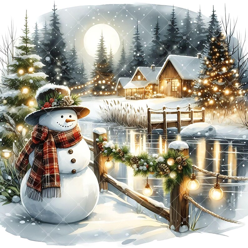 May include: Watercolor illustration of a winter scene with a snowman wearing a hat and scarf, standing near a snow-covered fence decorated with garland and lights. Houses and trees are in the background, with a full moon and falling snow.