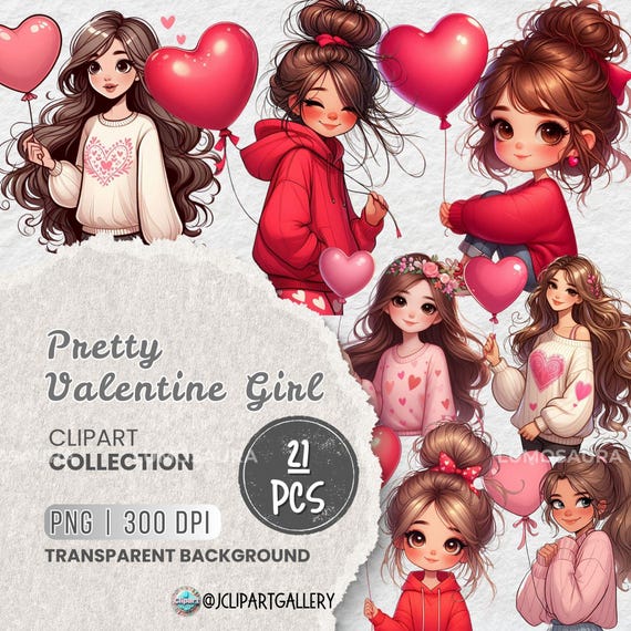 Valentine's Day Chibi Girl PNG Clipart Bundle, Heart Balloon