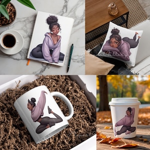 May include: A collection of items featuring a woman in a yoga pose. Includes a white journal, a throw pillow, a coffee mug, and a to-go coffee cup. The woman is wearing a lavender hoodie and dark gray leggings. The items are on a marble surface, a wooden table, and in a gift box.