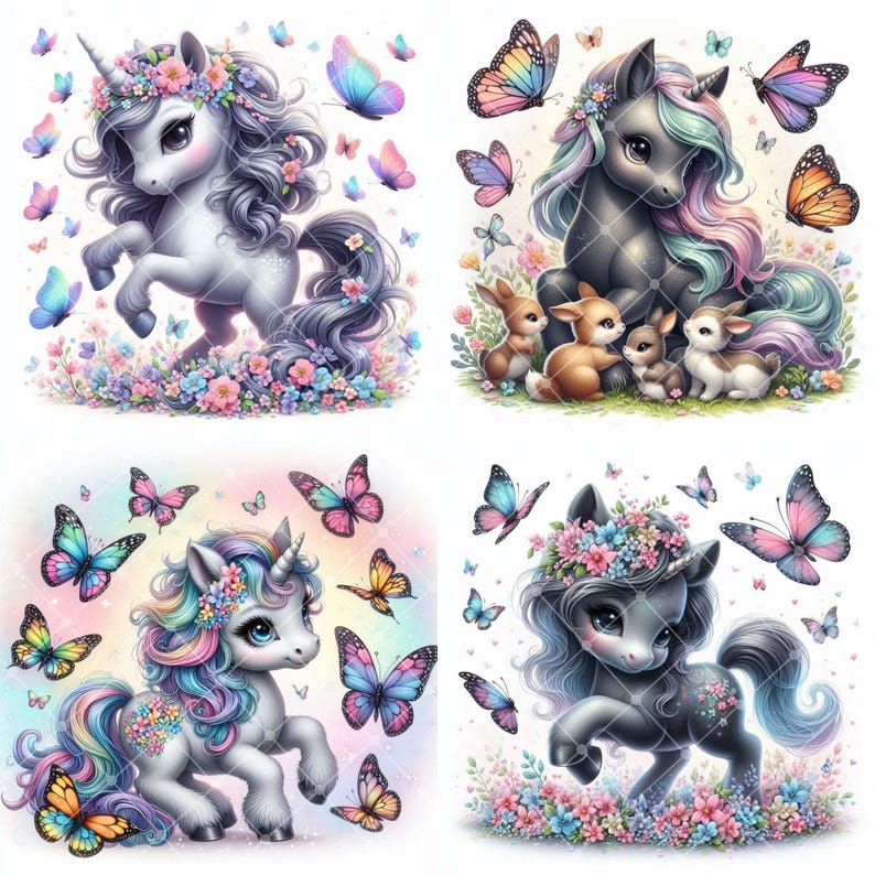 May include: Four whimsical illustrations of unicorns and butterflies. Each unicorn has a floral crown and flowing mane, surrounded by colorful butterflies. The unicorns are depicted in various poses, set against a backdrop of flowers and a soft, pastel color palette.