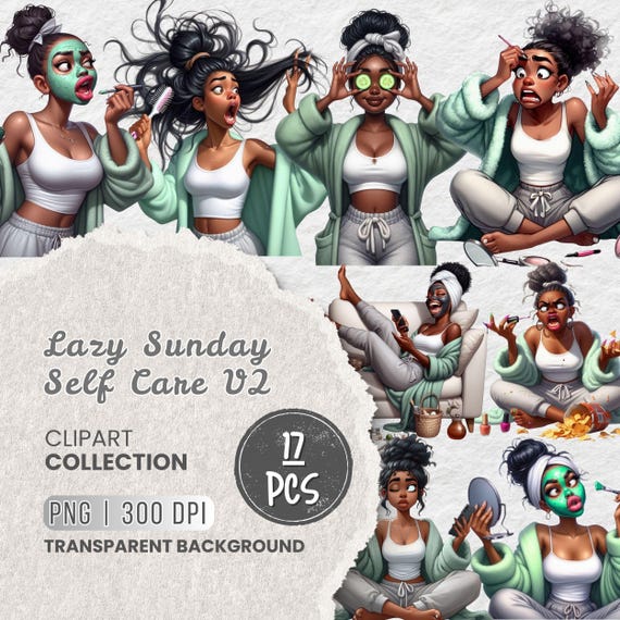 Lazy Sunday Self Care Black Girl Clipart, Quirky Woman Spa Day PNG, Funny Self Care Illustrations for Planners, Journals, Stickers