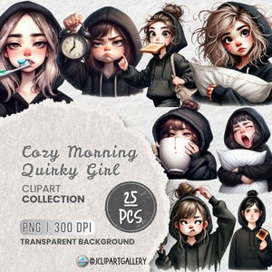 Clipart di ragazza mattutina stravagante, ragazza eccentrica, ragazza incappucciata carina, ragazza mattutina accogliente, file PNG di sublimazione per progetto, adesivi, scrapbooking