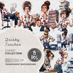Può includere: Una collezione di clipart digitali intitolata "Quirky Teacher" con illustrazioni di un'insegnante in varie pose stressate. L'insegnante indossa una camicia bianca con motivi di mele rosse. La collezione include 14 immagini PNG con sfondo trasparente.
