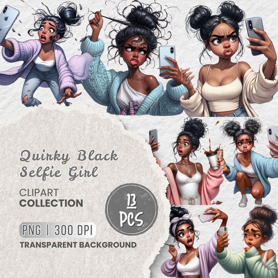 Funny Black Girl Selfie Clipart Bundle, Black Woman Phone Clipart, Cute Girl Character Bundle, Social Media Girl, Paper Crafts