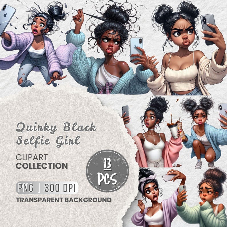 Puede incluir: Una colecci&oacute;n de clipart digital de 12 ilustraciones de chicas negras exc&eacute;ntricas tomando selfies. Las ilustraciones presentan una variedad de poses y expresiones, incluyendo tomarse selfies, arreglarse el pelo y sostener una taza de caf&eacute;. Las ilustraciones est&aacute;n en formato PNG y tienen un fondo transparente.