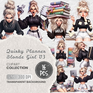 Puede incluir: Una colección de imágenes prediseñadas digitales titulada "Quirky Planner Blonde Girl V3". La colección presenta 16 imágenes PNG de una mujer rubia en varias poses, con un top negro y pantalones cortos blancos. Las imágenes tienen un fondo transparente.