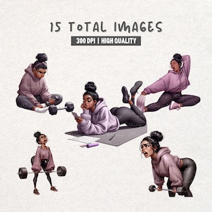May include: Digital illustration featuring a woman in various workout poses. She is wearing a pink hoodie and black leggings. The image includes text that reads "15 TOTAL IMAGES" and "300 DPI | HIGH QUALITY."