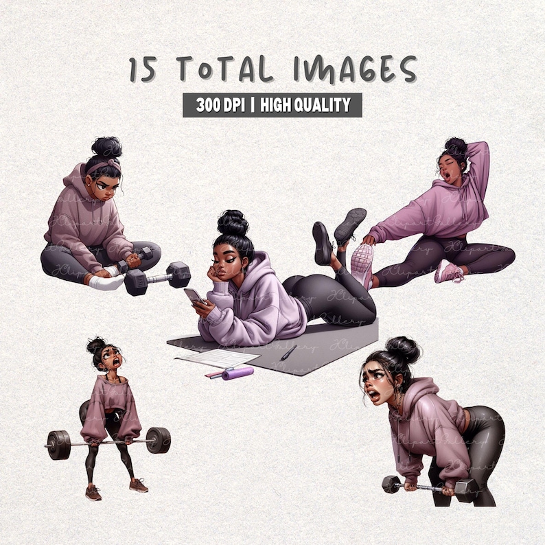 May include: Digital illustration featuring a woman in various workout poses. She is wearing a pink hoodie and black leggings. The image includes text that reads "15 TOTAL IMAGES" and "300 DPI | HIGH QUALITY."