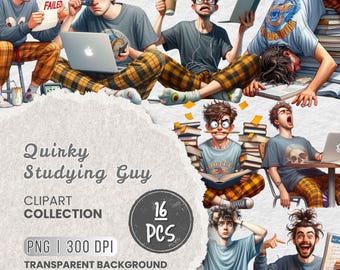 Paquete de imágenes prediseñadas de chico estudiando, estudiante peculiar, vida universitaria, estrés estudiantil, estudiante universitario, agendas, pegatinas digitales, diarios y sublimación.