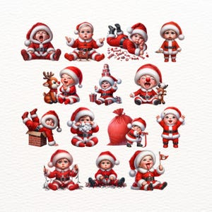 May include: A collection of digital illustrations featuring babies dressed in Santa Claus outfits. Each baby is wearing a red suit with white trim and a matching hat. Some babies are holding gifts or toys, while others are laughing or playing.