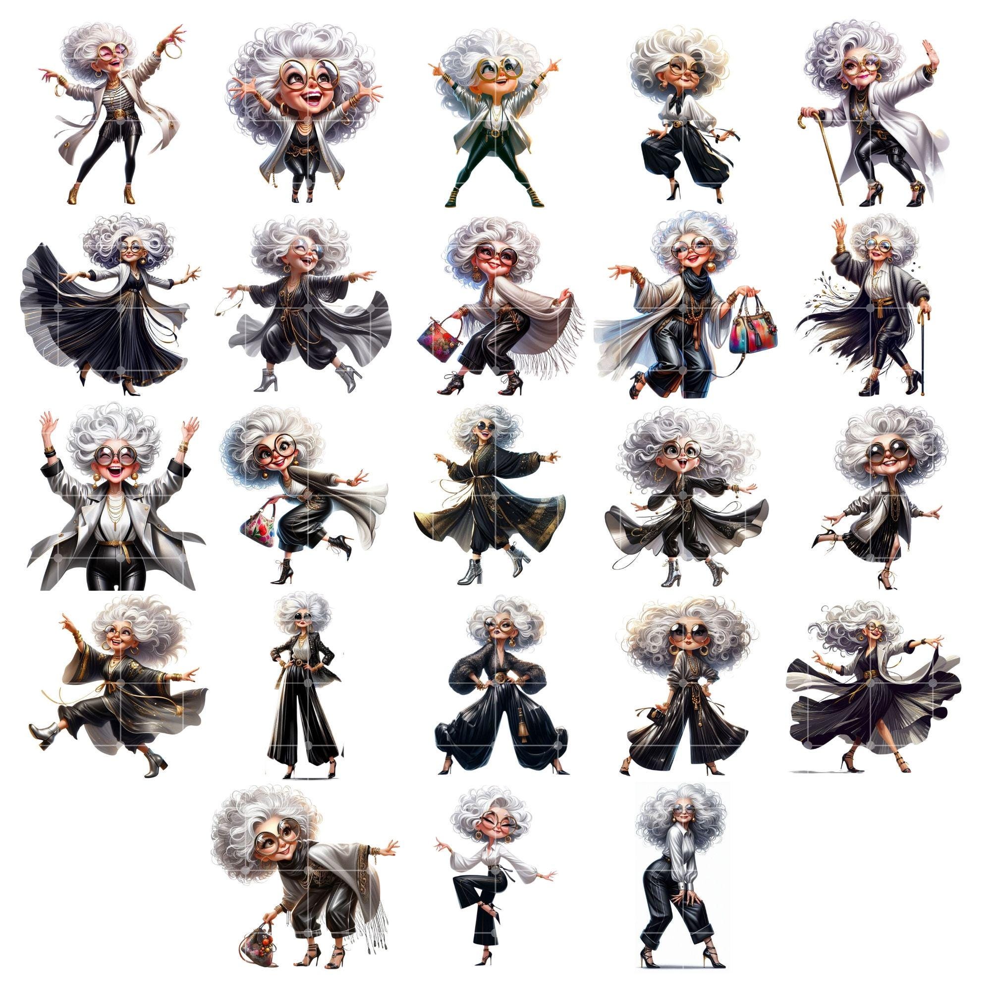 Fashionable Granny JPEG Clipart Bundle, Glamorous Senior Woman Cartoon ...