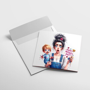 May include: A cartoon illustration of a woman holding a child with paint on their hands. The woman is looking surprised and holding a sign that says "Happy Mother's Day!"