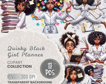 Quirky Planner Black Girl Png Clipart, Watercolor Planner Lover Clipart, Funny Girl Clipart, Afro-American Girl, Cozy Pastel Planning, Craft