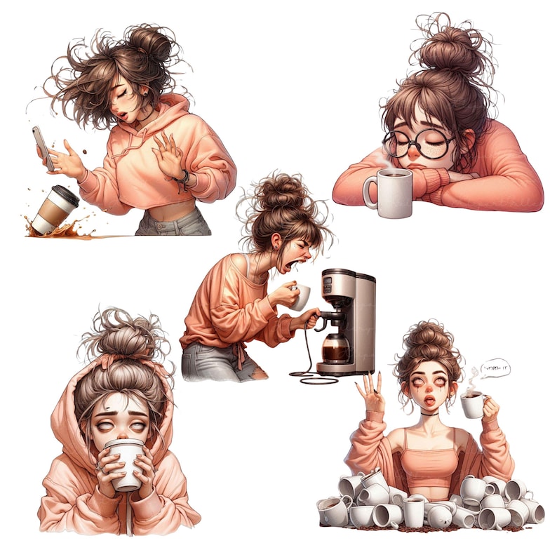 May include: Five illustrations of women with different expressions and actions related to coffee. One woman is looking at her phone while spilling coffee, another is sleeping with a coffee cup, another is yelling while holding a coffee cup, another is making coffee, and the last one is surrounded by coffee cups and saying "I crave it".